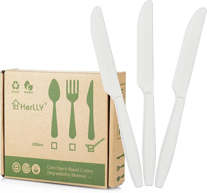 Compostable Knife, 100 Biodegradable Silverware by HERLLY