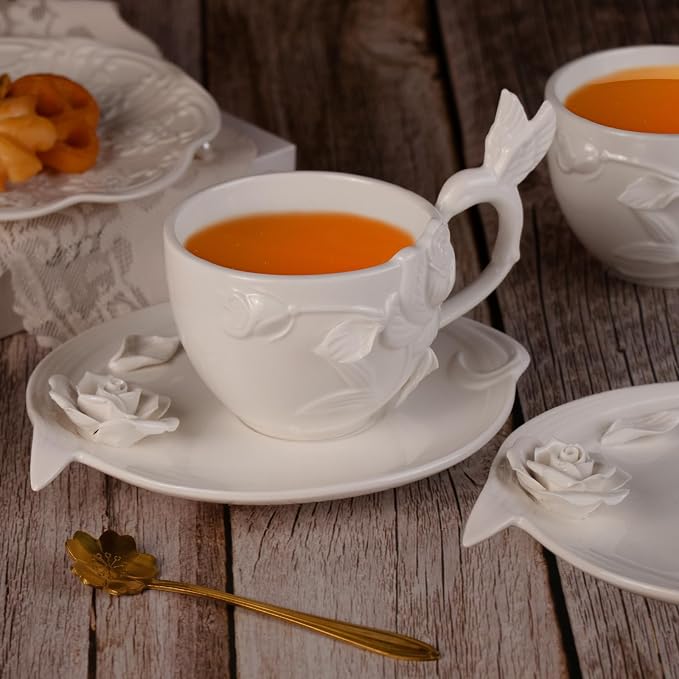 KAMMAK Tea Cups and Saucers Set of 2, 8.5 oz Porcelain Coffee Cups, 566N | - Image 4