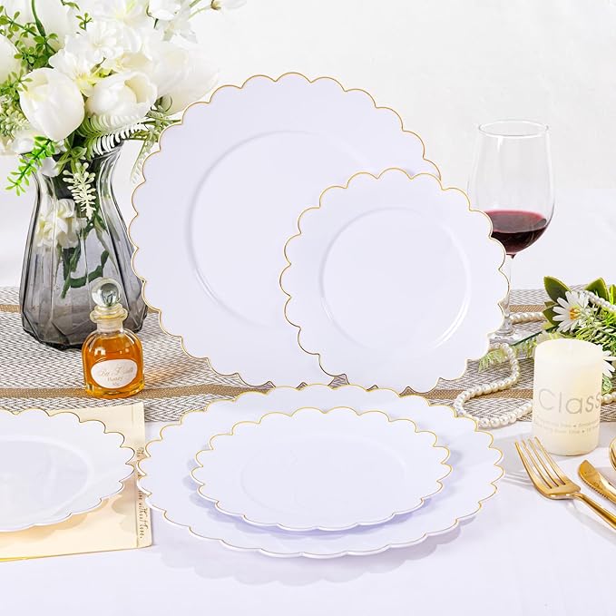 LIYH 60 Pcs Gold White Plastic Plates Scalloped Plastic Holiday Plates Disposable Gold Combo Plate Includes 30 Dessert & 30 Dinner Plate Dishes for Valentine's Day and Mother's Day