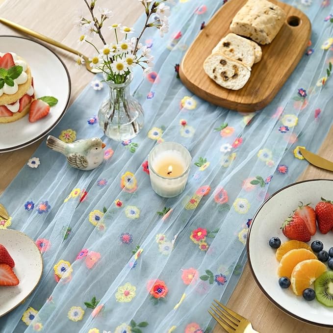 Artoid Mode Sky Blue Floral Gauze Embroidery Table Runner 120 Inch 10FT | Tulle - Image 3