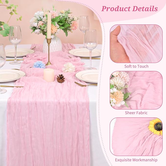 Pesonlook Cheesecloth Table Runner Light Pink, 20 Pack 17.7x108 inch, Long | - Image 3