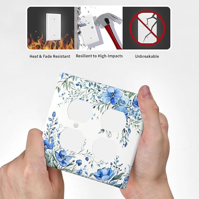 Light Switch Cover Blue Watercolor Flowers Retro Floral Leaves 2 Gang Decorative SwitchPlates Double Duplex Wall Plates Switch Plates and Outlet Covers for Bathroom Bedroom Decor