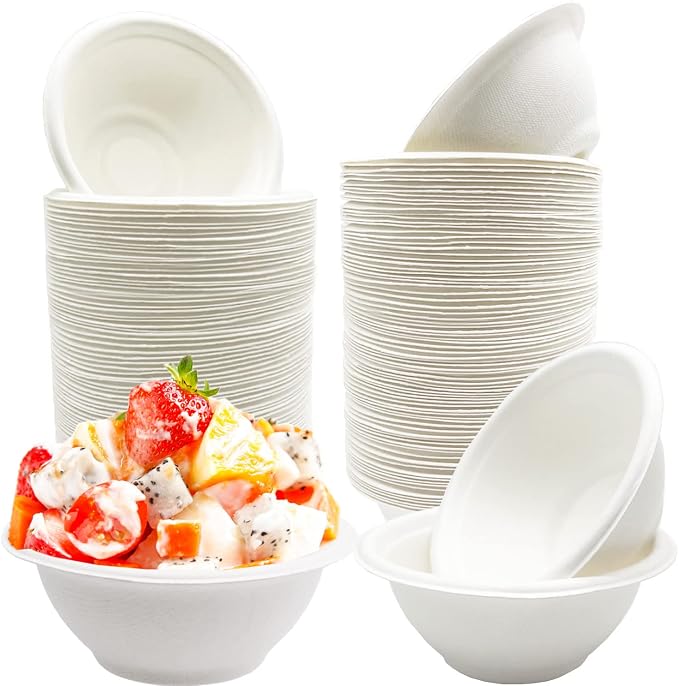 Haawooky 100 Pack White Disposable Paper Bowls, 8oz Natural Compostable by Haawooky