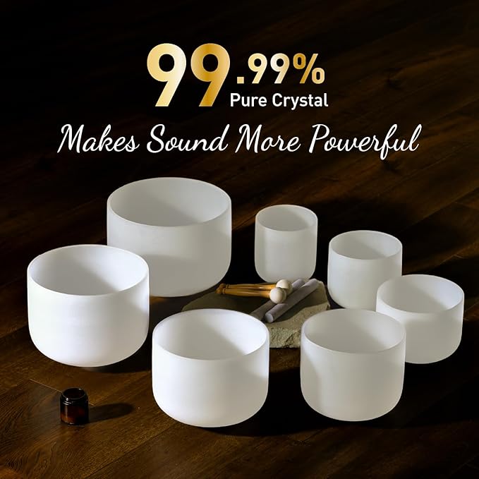 CVNC 432HZ 6-12 Inch Frosted Quartz Crystal Singing Bowls Chakra Set of 7 for Sound Healing and Meditation