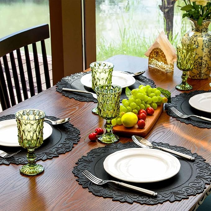Noctiflorous Round Faux Leather 15 Inch Placemats Set of 6 Waterproof Wipeable Heat Resistant Tablemat for Dining Table Kitchen Non Slip Washable Oilproof Table Place Mat for Indoor Outdoor(Black, 6)