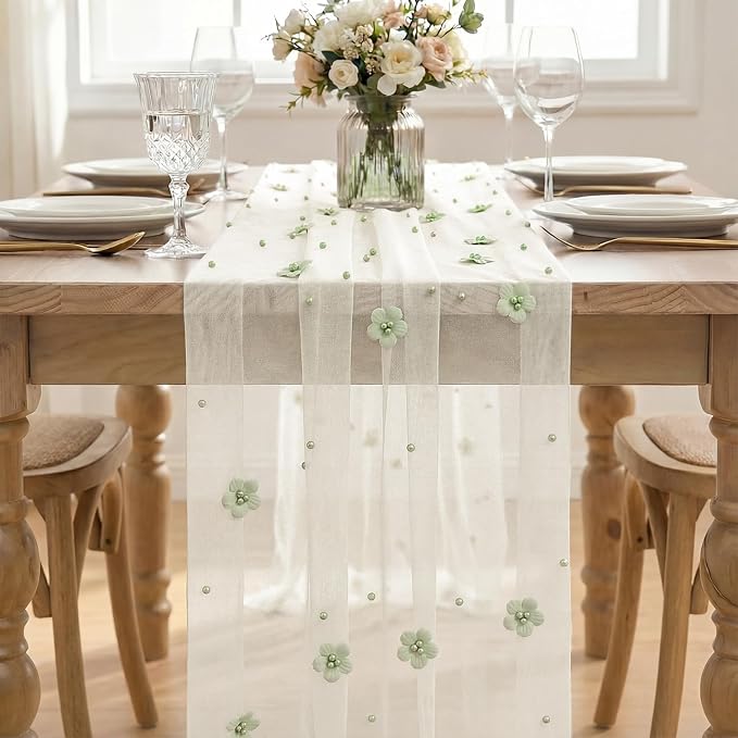 Artoid Mode Sage Green Flower Pearl White Gauze Table Runner 10FT, Seasonal - Image 2