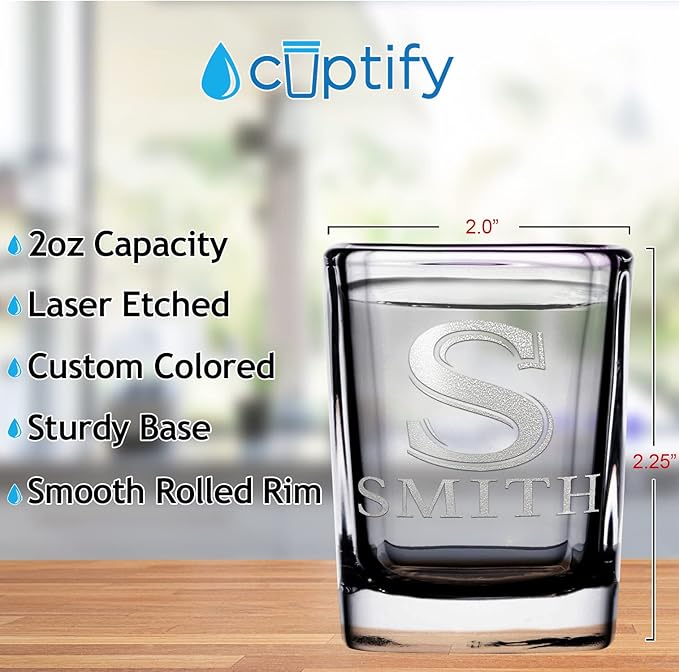 Personalized Shot Glasses Set of 6 Initial and Name 2oz Etched Square Shot Glass Engraved with Custom Text Birthday Gift for Men and Women