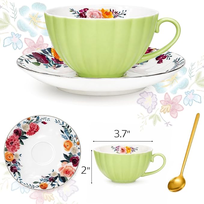 Lyellfe Set of 2 Tea Cup and Saucers, 8 Oz Floral Tea Cups - Image 2