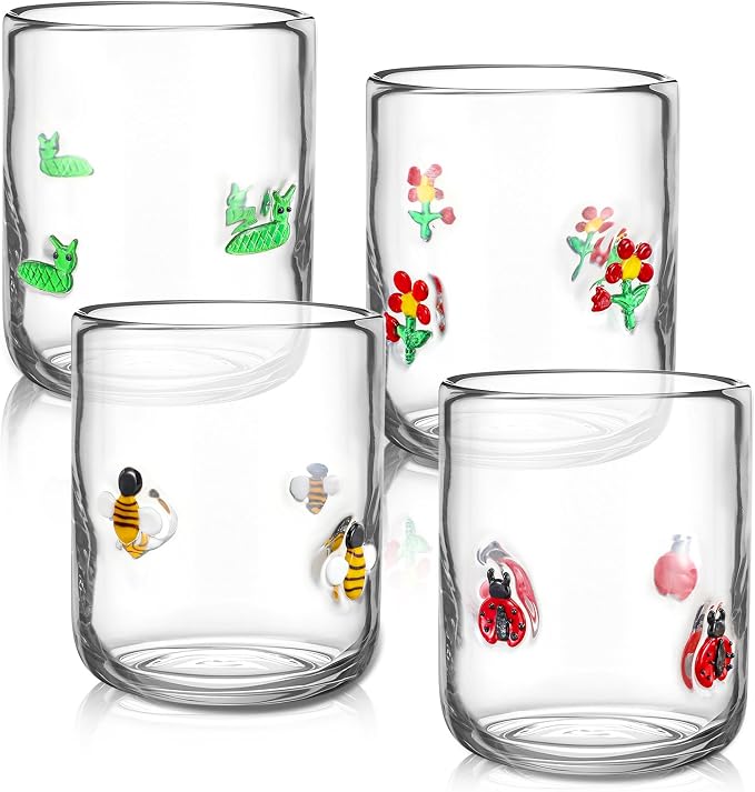Vesici 4 Pcs Juice Glasses 14 oz Glass Cups Stemless Wine Glasses Hand Blown by Vesici