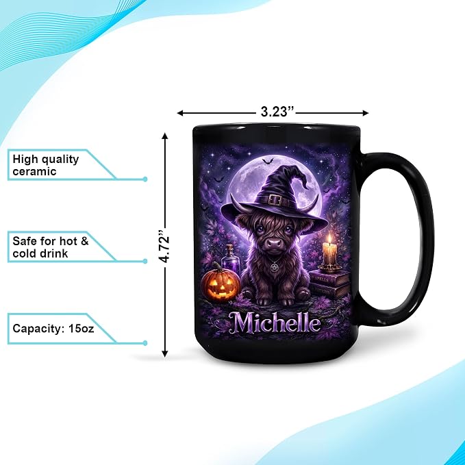 Hyturtle Halloween Highland Cow Mug, Custom Name Gift - Image 4