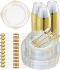 Goodluck 350 Piece Clear Gold Plastic Dinnerware Set for 50 Guests, Fancy Disposable Plates, Include: 100 Gold Rim Plastic Plates, 150 Silverwares, 50 Pre Rolled Napkins, 50 Cups for Party, Wedding