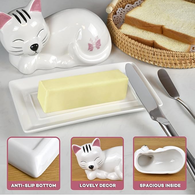 Cat Butter Dish with Lid – Cute Ceramic Plate – Keeper to leave on counter – Gift for cat lovers – Decor for dining room table – Perfect housewarming gift – Butterbell dish
