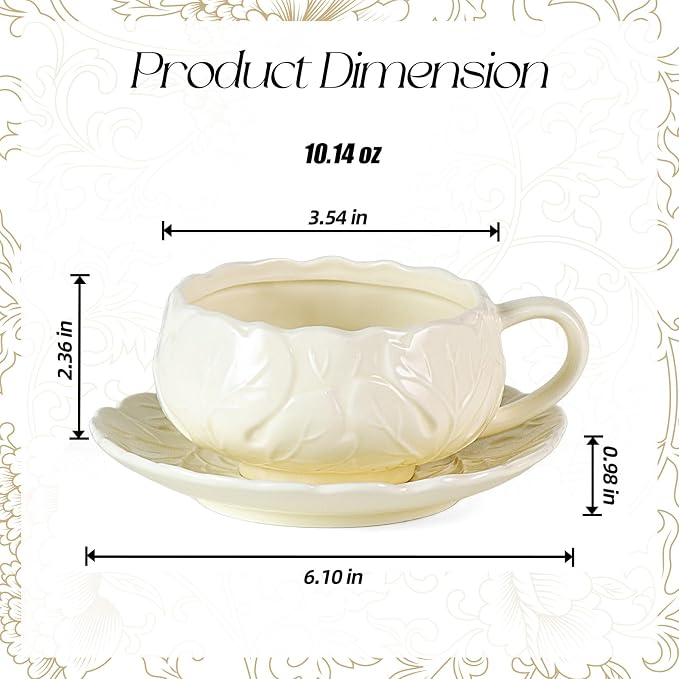 KAMMAK Tea Cups and Saucers Set of 2, 10 oz Porcelain Coffee Cups, SY005 | - Image 2