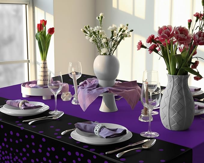 Oudain 6 Pcs Purple and Black Tablecloth for Parties Plastic Dot Tablecloths Printed Table Runner Waterproof Disposable Rectangle Table Cover for Christmas Birthday Wedding Party, 54" x 108"