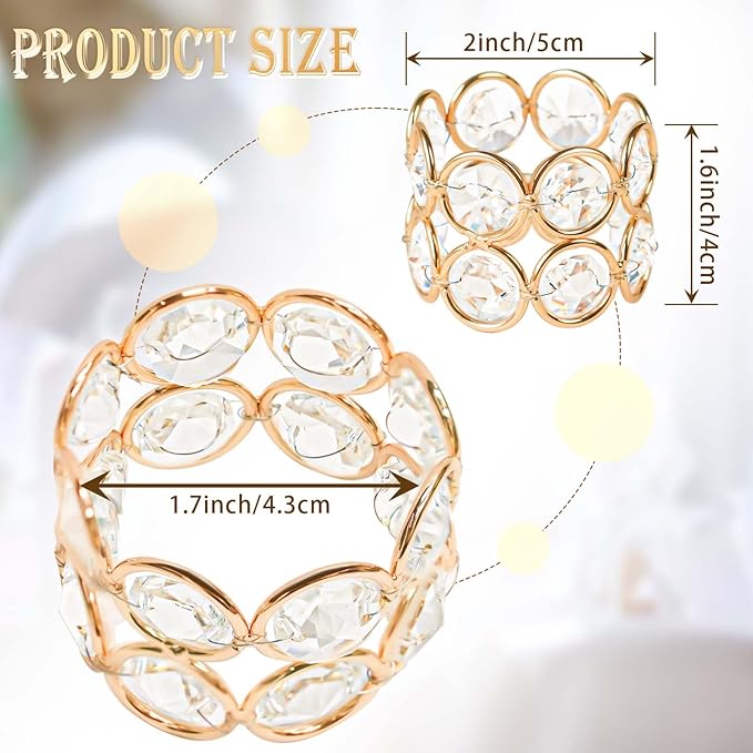 Crystal Metal Napkin Rings Set, Elegant Wedding/Party Table Decor, Shiny Holiday Dinner Accessories Bulk, Bridal Shower Gift, Anniversary, Christmas, Home Decor Essentials (Gold, 12-Pcs)