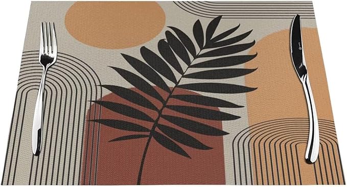 Art Boho Mid Century Placemats, Sun Brown Leaves Rainbow Color Blocks Modern Washable Place Mats 12x18Inch for Dining Kitchen Farmhouse Decor 4 PCS