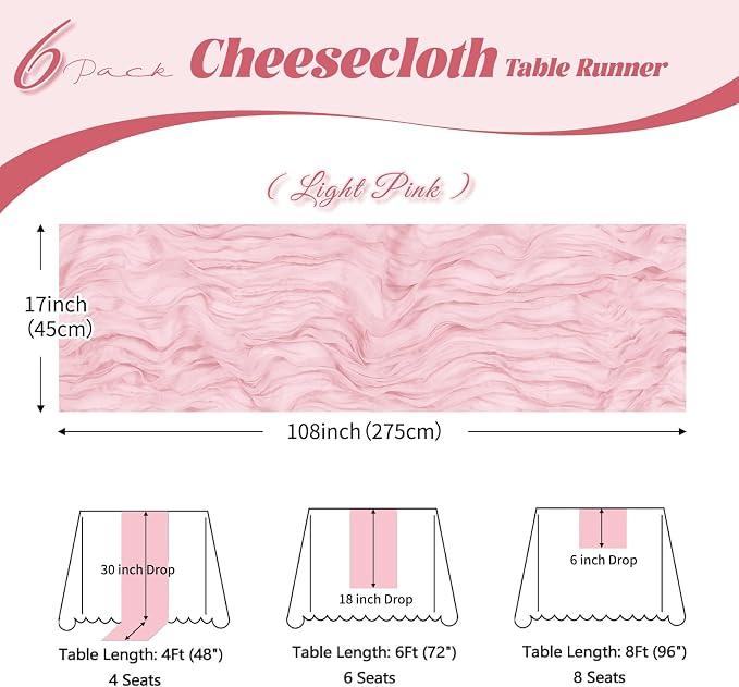 6 Pack Light Pink Cheesecloth Table Runner, 17 x 108 inch, Semi Sheer Boho - Image 3