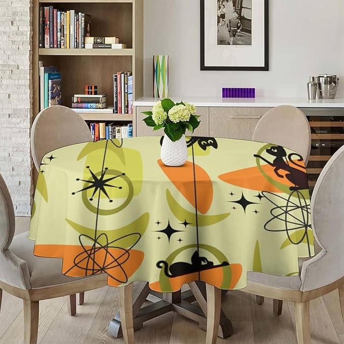 Mid Century Black Cat Round Tablecloth, Vintage Modern Bohemian Abstract Geometric Retro Art Tablecloth for Home Party Dining Room Kitchen Decor 60Inch(152cm)