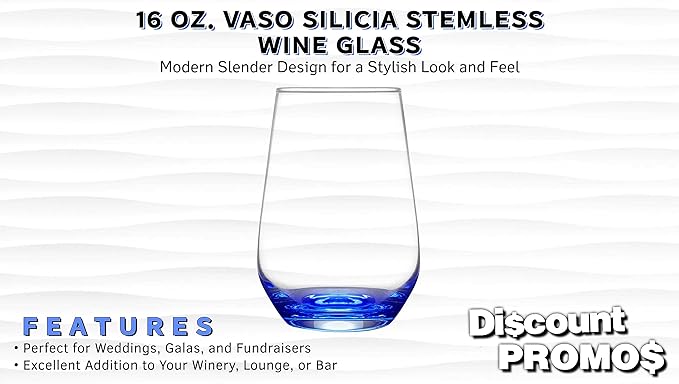 DISCOUNT PROMOS 10 Vaso Silicia Stemless Wine Glasses Set, 16 oz. - Clear, Orb-Like, Thick base - Blue