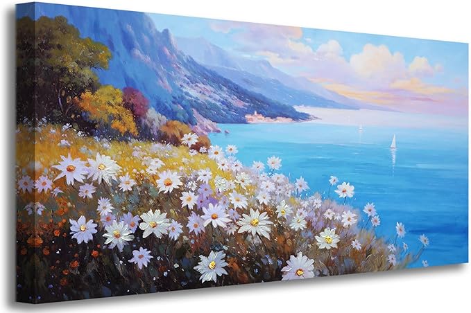 Anolyfi Coastal Landscape Wall Art Nature Flower Mountain Canvas Painting Blue Ocean Seascape Picture, Textured Artwork Large Framed for Living Room Bedroom Bathroom Kitchen Office Home Decor 40"x20"