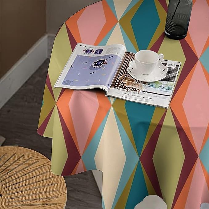 Abstract Geometric Boho Round Tablecloth, Retro Modern Mid Century Tablecloth for Home Party Dining Room Kitchen Decor 50Inch(127cm)