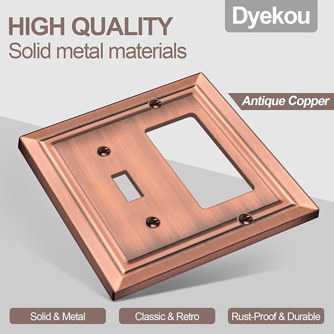 Metal Wall Plate for Electrical Outlets, Decorative Antique Copper Switch Plates Outlet Cover, Light Switch Cover Plate, 2-Gang Wall Plates (Toggle/Decorator, 2 Pack)