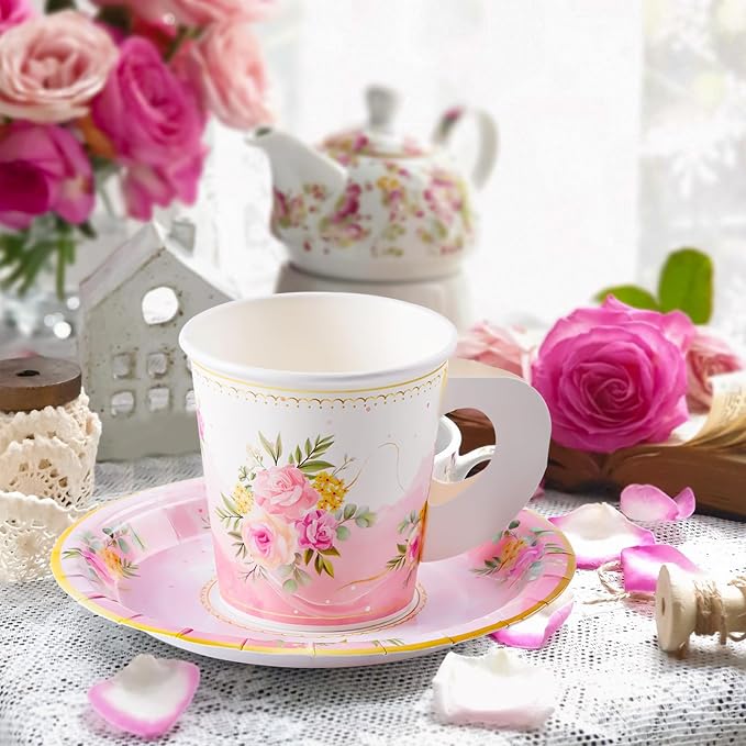 HOMIX 24 Paper Tea Cups and Plates, 7 OZ Disposable Teacups and Saucer Sets | - Image 6