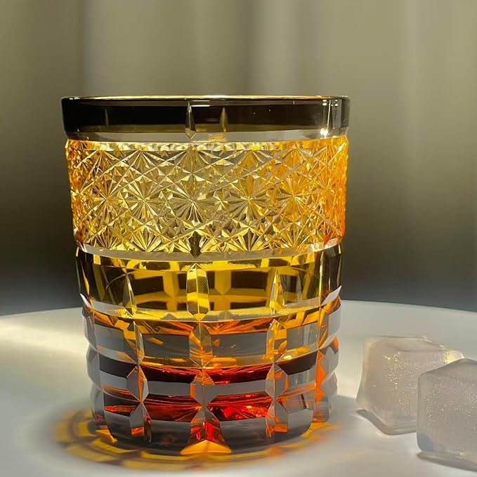 suigetsu Japanese Crystal Whiskey Glass, 10 oz, Amber Black, Engraved Pattern, Old Fashioned Rocks Tumbler with Gift Box (Amber Glow)