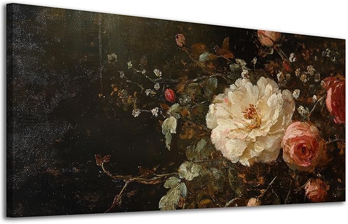 ADJUVANT Wall Art Vintage Peony And Rose Bouquet 48"L x 24"W, White Peony With Pink Roses Canvas Painting Elegant Floral Artwork Prints Botanic Wall Decor for Living Room Bedroom Dining Room Home Office