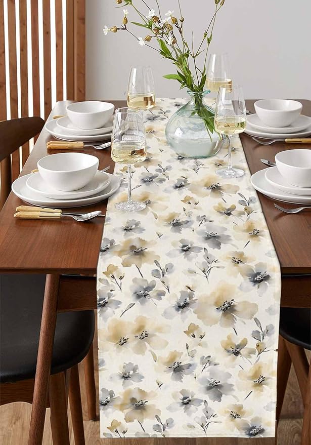 Watercolor Flower Table Runners 60 Inches Long, Cotton Linen Fabric Table - Image 2