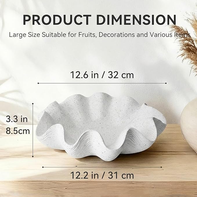 Scalloped Decorative Bowl Home Decor - 12.6" Modern Handicraft Large Shell Ruffle Decorative Fruit Bowl for Kitchen Counter, Chic Key Tray for Entryway Table, Artificial Stone White