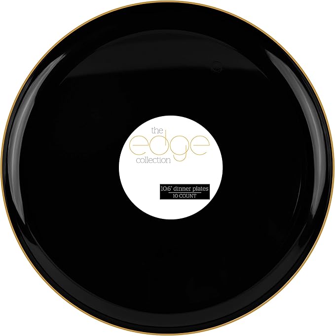 PLASTICPRO [30 Pack 10.6 Plastic Party Plates Edge Collection Black with Gold Rim Premium heavyweight Elegant Disposable Tableware Dishes (Black With Gold Rim,