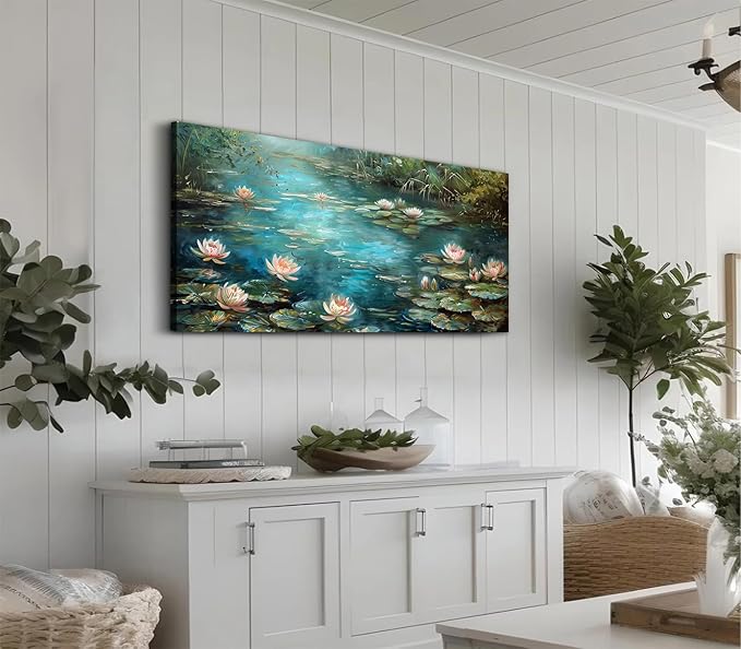 ADJUVANT Wall Art Impressionist Water Lily Pond 60" L x 30" W, Lotus Flower Canvas Painting Nature Artwork Green Water and Pink Blooms Prints Wall Decor for Living Room Bedroom Study Home Office