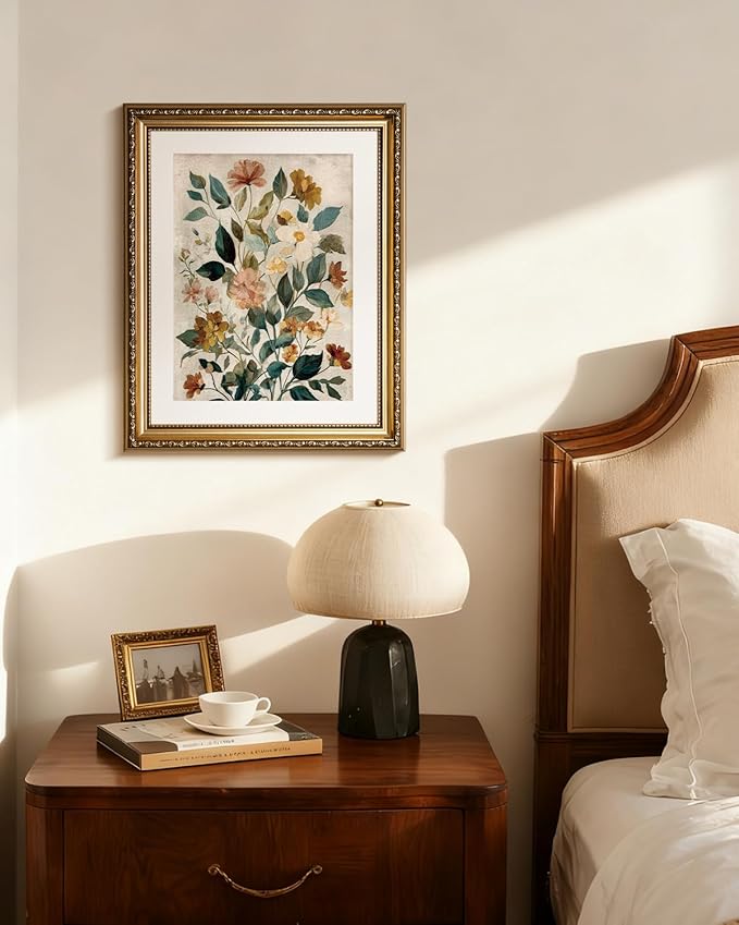 InSimSea Gold Picture Framed Wall Art, Living Room Vintage Watercolor Flower Botanical Wall Decor, Floral Canvas Print Art, Home Farmhouse Decor, Antique Paintings with Frame 13x16inch