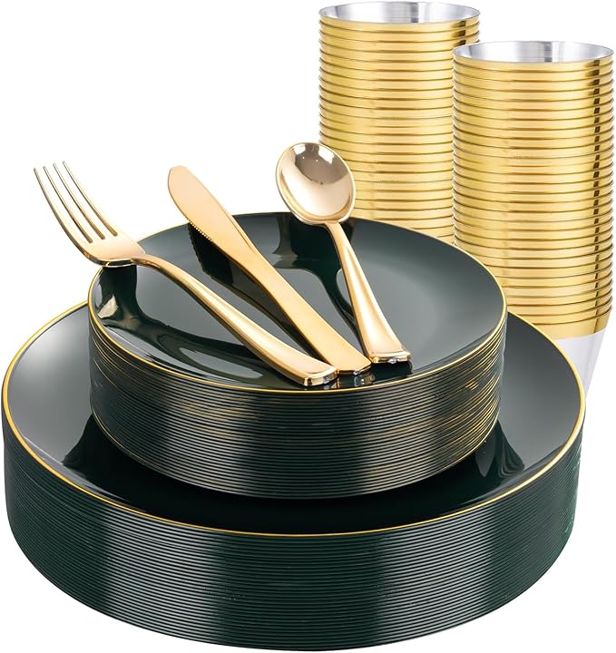 WDF 150Pcs Green Plastic Plates - Green Plates Disposable with Gold Rim - 25Guest Disposable Dinnerware Include 50 Plastic Plate, 75 Gold Cutlery & 25 9oz Cups for St. Patrick's Day