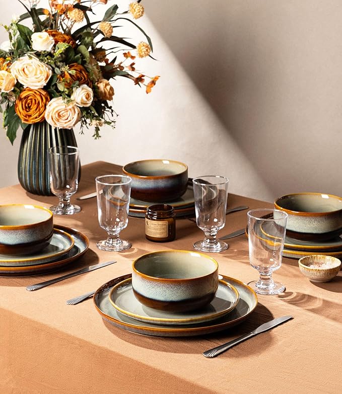 TheTerra Ceramic Dinnerware Sets for 4, 12 Pieces Handmade Reactive Glaze Plates and Bowls Set, Scratch Resistant Dish Set, Oven & Microwave & Dishwasher Safe, Dusk Blue