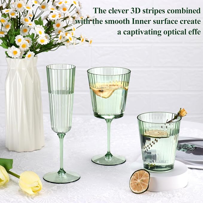 24 PCS Plastic Ribbed Drinking Glasses Green 10oz Vintage Ripple Stemless Wine - Image 6