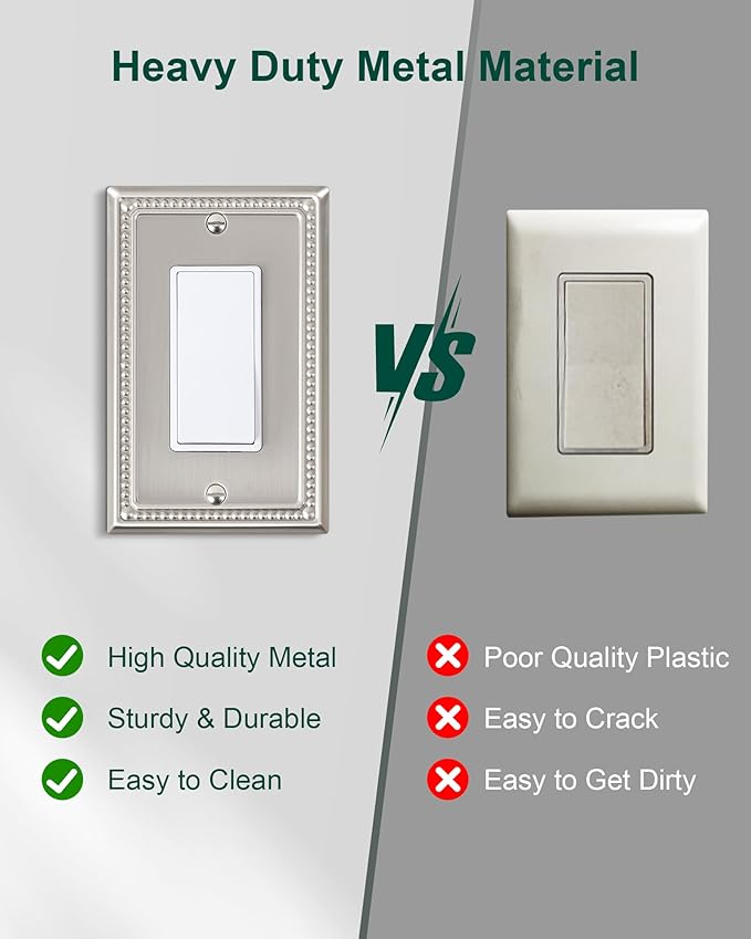 2-Pack Decorator Outlet Cover Plate, Decorative Switch Plates and Outlet Covers, Brushed Nickel Metal Wall Plates for Electrical Outlets, Receptacle, GFCI Outlet, Dimmer Switch