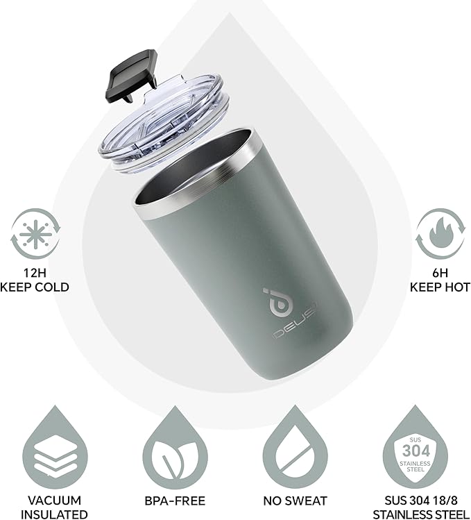 Ideus 20 oz Tumbler, Travel Coffee Mug with Splash Proof Sliding Lid, Double Wall Stainless Steel Vacuum Insulated Coffee Mug for Home and Office, Keep Beverages Hot or Cold, Gray