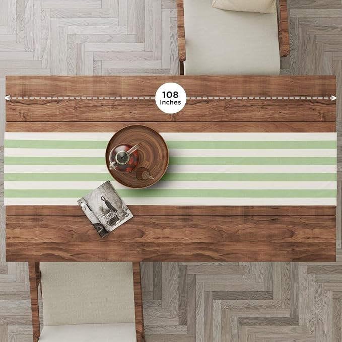 Folkulture Fall Table Runner 72 Inches Long | White & Sage Green Striped | - Image 2