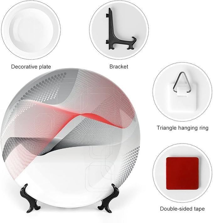Ceramic Display Plate, Abstract Ceramic Hanging Decorative Plate, Modern Geometric Squares Dots Curves Waves, 8 Inch, Household Custom Ceramic Plate, Red Grey Black
