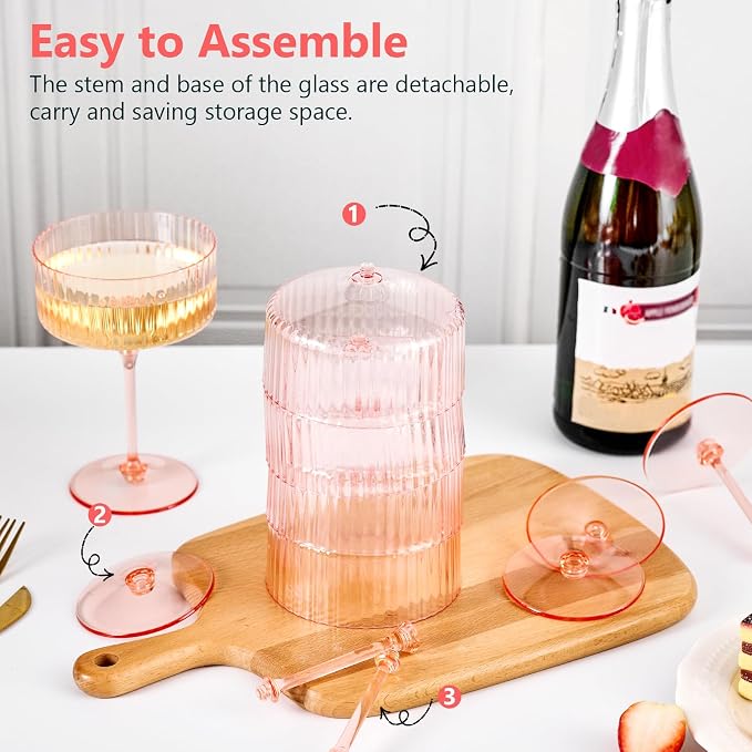 ZOMUIA Ribbed Coupe Glasses 28 Pcs, 10 oz Plastic Champagne Coupe Detachable - Image 6