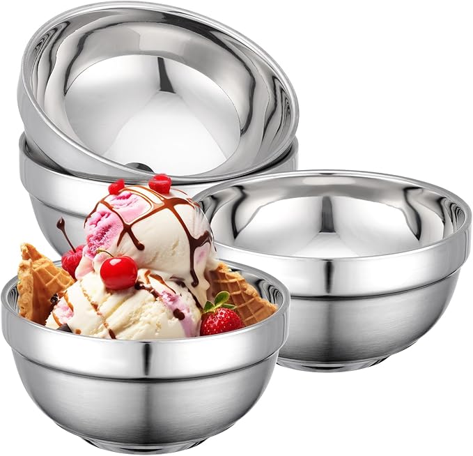 Stainless Steel Bowls, 4 Pack 4.5in 12.8oz 380ml Mini Small SUS304 Double Wall Insulated Stackable Metal Eating Bowl Containers for Serving Snacks Ice Cream Soup Cereal Food Rice Salad