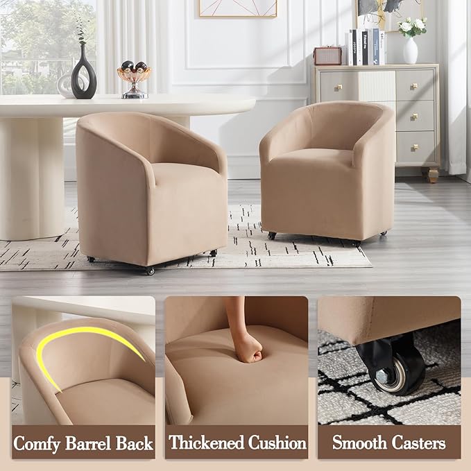 Modern Barrel Dining Chair with Rolling Casters, Upholstered Velvet Swivel Dining Room Chair with Wheels for Kitchen Living Room Home Office, Khaki