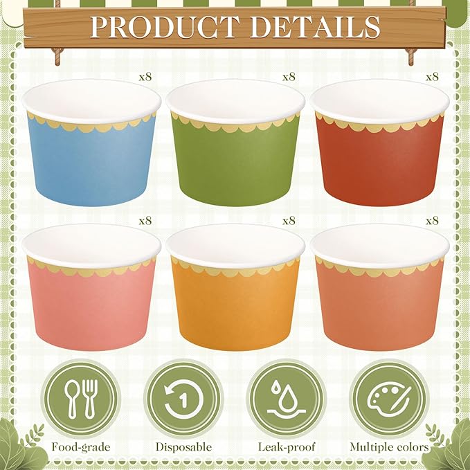 Zopeal 48 Pcs Wildflower Disposable Ice Cream Bowls 9oz Wildflower Colorful Gradient Color Paper Snack Cups with Gold Scallop for Chili Cook off Parties, Weddings, Baby Showers, Desserts, Yogurt