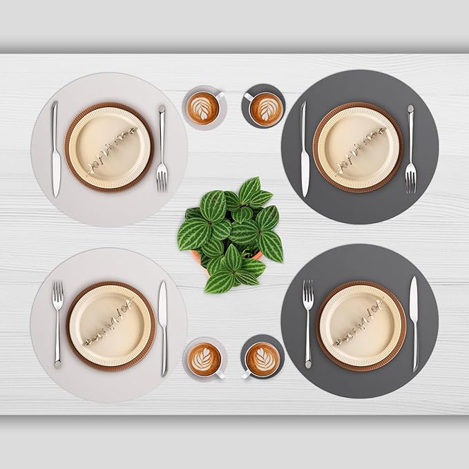 Myir JUN Round Placemats Set of 4 Faux Leather Place Mats and Coasters 15 inch Round Table Mats Dual Sided Non-Slip Stain Resistant Placemats (Gray & Beige, Set of 4)