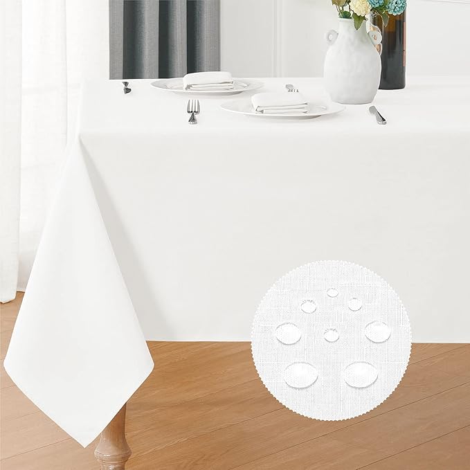 Rectangle 8 Feet Tablecloth 60x120 inch Linen Textured Table Cloth Stain and Wrinkle Resistant Washable Polyester, Decorative Table Cover Waterproof for Dining, Buffet and Camping, White