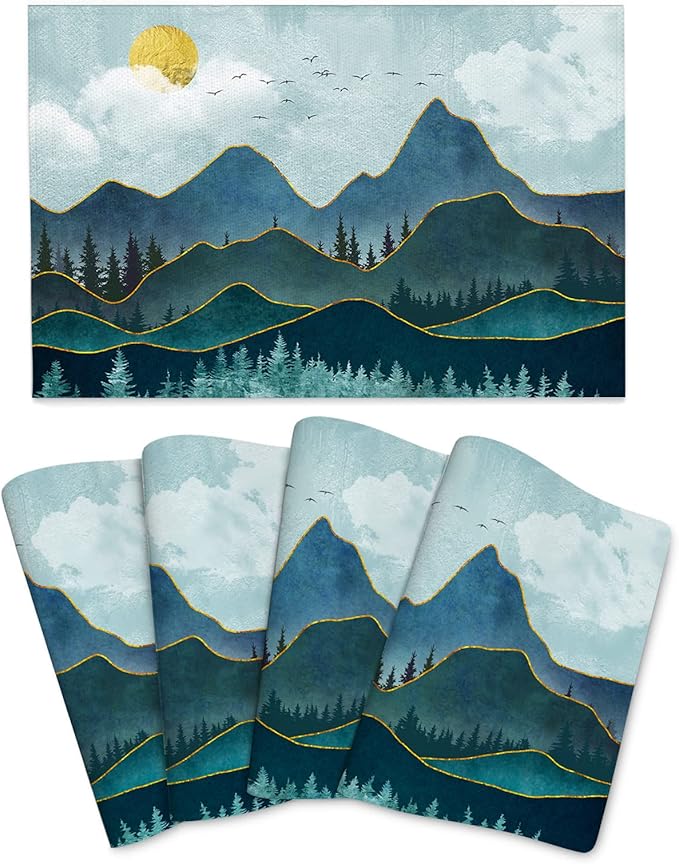 Mountain Peaks Nature Landscape Placemats Set of 4 Linen 12"x18" Washable Heat-Resistant Modern Decorative Kitchen Table Mats for Dining Outdoor Home Decor