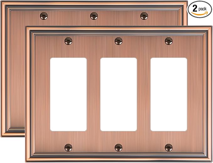 2-Pack Decorative Tripple Decorator Outlet Cover Plate, Durable Zinc Alloy Antique Copper Wall Plates for Electrical Outlet, Receptacle, GFCI Outlet, Dimmer Switch, 3-Gang Corrosion Resistant