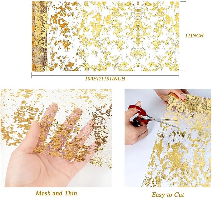 Gold Table Runner 11 Inch x 100 Feet Inches, Glitter Metallic Mesh Gold Runner - Image 3